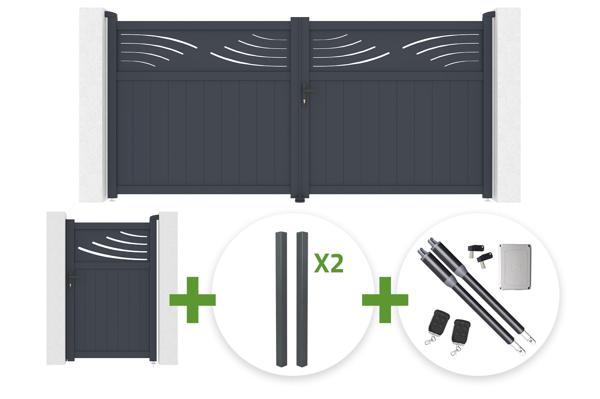 HALTI 340x160cm grey aluminum swing gate + 4 ELDA posts + HALTI 1m high grey aluminum pedestrian gate + Ranger B150 motor main image