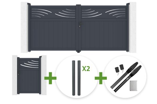 HALTI 340x160cm grey aluminum swing gate + 4 ELDA posts + HALTI 1m high grey aluminum pedestrian gate + Hicker B200 motor main image