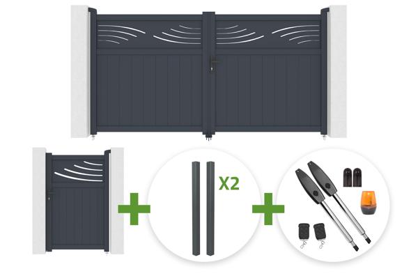 HALTI 3m H.160cm grey aluminum swing gate + 4 ELDA posts + HALTI 1m H.160cm grey aluminum pedestrian gate + Tanker B250 motor main image