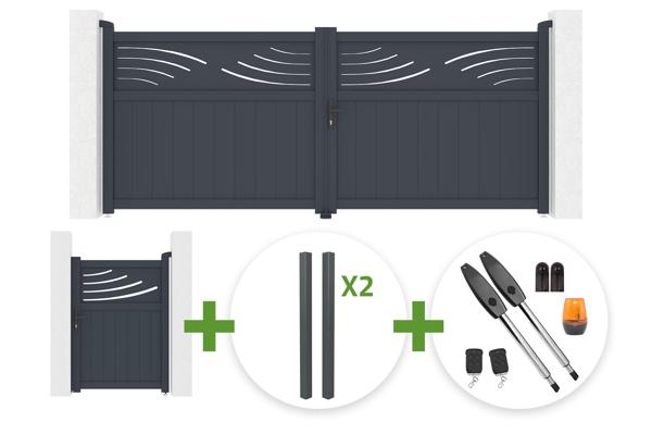Portail battant HALTI 3.4m H.140cm aluminium gris + 4 poteaux ELDA + Portillon 1m HALTI H.140cm aluminium gris + motorisation Tanker B250 main image