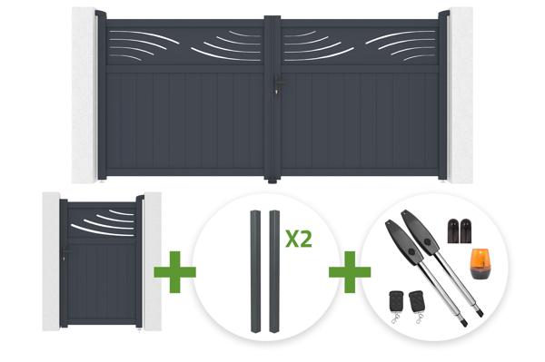 HALTI 340x160cm grey aluminum swing gate + 4 ELDA posts + HALTI 1m high grey aluminum pedestrian gate + Tanker B250 motor main image