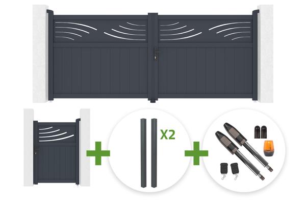 Portail battant HALTI 3.4m H.140cm aluminium gris + 4 poteaux ELDA + Portillon 1m HALTI H.140cm aluminium gris + motorisation Tanker B700 main image