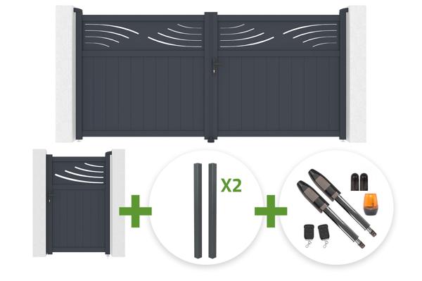 HALTI 340x160cm grey aluminum swing gate + 4 ELDA posts + HALTI 1m high grey aluminum pedestrian gate + Tanker B700 motor main image