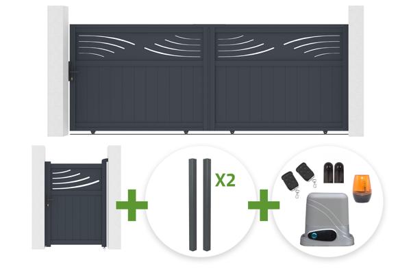 Portão deslizante HALTI de 3,7 m, 140 cm de altura, alumínio cinza + 4 postes ELDA + portão de pedestres HALTI de 1 m, 140 cm de altura, alumínio cinza + motor main image