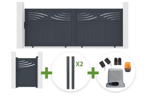 Portão deslizante HALTI de 3,7 m, 140 cm de altura, alumínio cinza + 4 postes ELDA + portão de pedestres HALTI de 1 m, 140 cm de altura, alumínio cinza + motor main_image