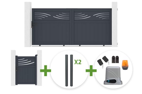 3m HALTI sliding gate, 140cm high, grey aluminum + 4 ELDA posts + 1m HALTI pedestrian gate, 140cm high, grey aluminum + Tanker C600 motor main image