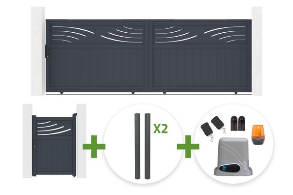 4m HALTI sliding gate, 140cm high, grey aluminum + 4 ELDA posts + 1m HALTI pedestrian gate, 140cm high, grey aluminum + Tanker C600 motor main image