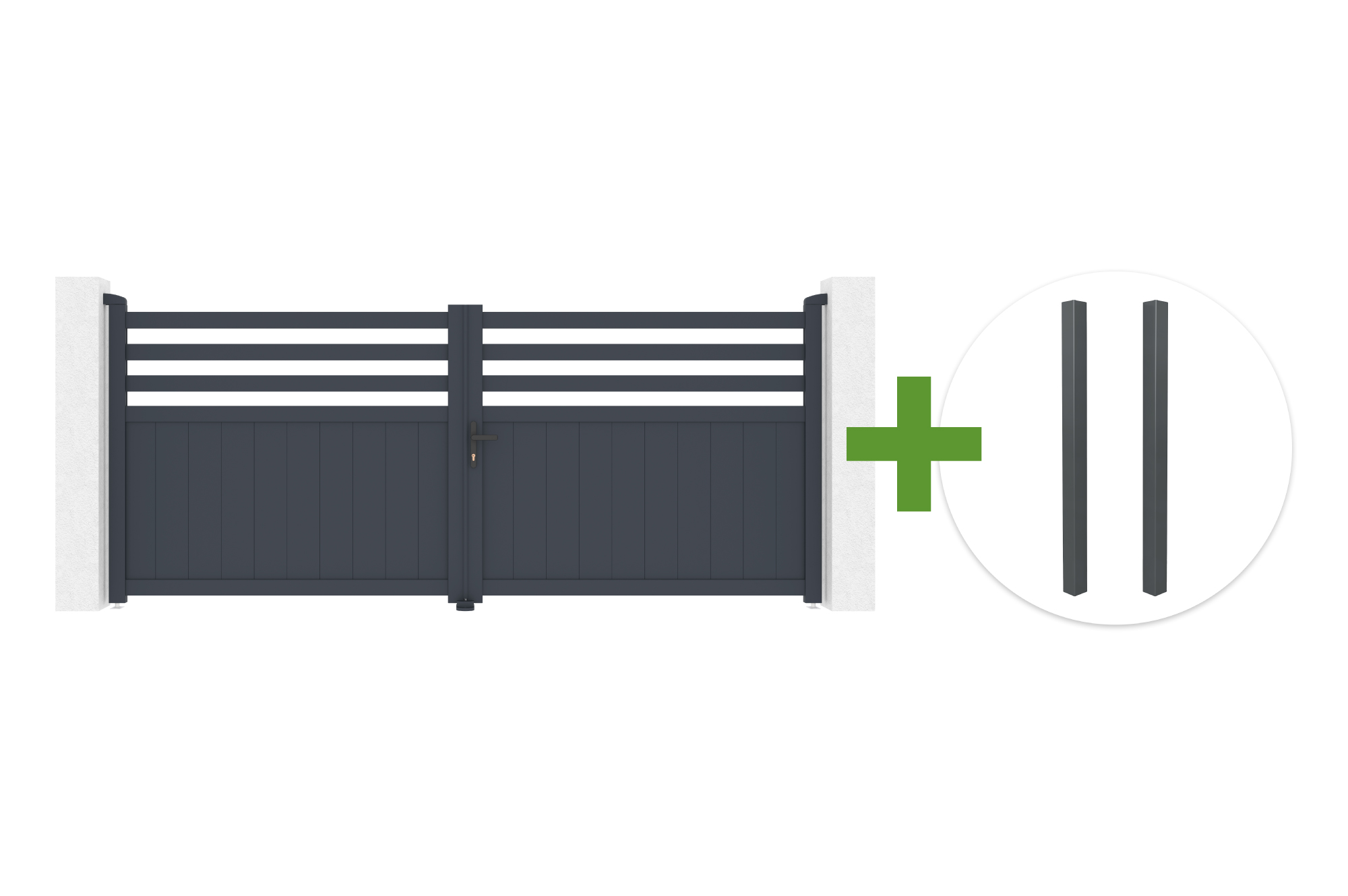 NEVIS 340x140cm grey aluminum swing gate + 2 ELDA grey aluminum posts 15x15cm main_image