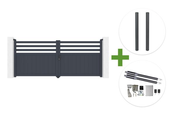 NEVIS 340x140cm graues Aluminium-Schwingtor + 2 ELDA graue Aluminiumpfosten 15x15cm + Ranger B150 Motor main image