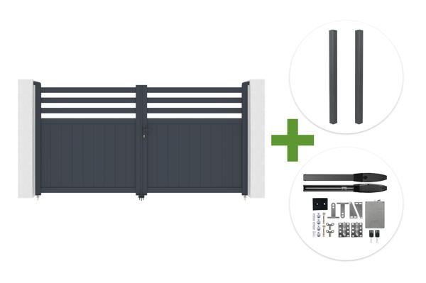 NEVIS 3m H.160cm grey aluminum swing gate + 2 ELDA grey aluminum posts 15x15cm + Hicker B200 motor main image