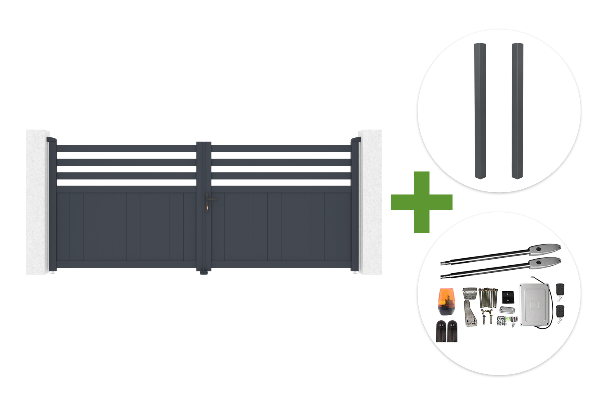 NEVIS 340x140cm grey aluminum swing gate + 2 ELDA grey aluminum posts 15x15cm + Tanker B250 motor main_image