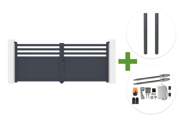 NEVIS 340x140cm graues Aluminium-Schwingtor + 2 ELDA graue Aluminiumpfosten 15x15cm + Tanker B250 Motor main image