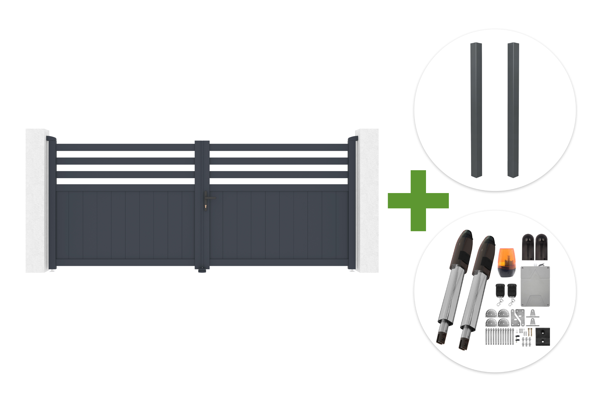 NEVIS 340x140cm grey aluminum swing gate + 2 ELDA grey aluminum posts 15x15cm + Tanker B700 motor main_image