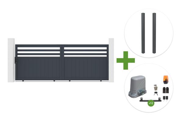 3.7m NEVIS sliding gate, 140cm high, grey aluminum + 2 ELDA grey aluminum posts 15x15cm + Tanker C600 motor main image