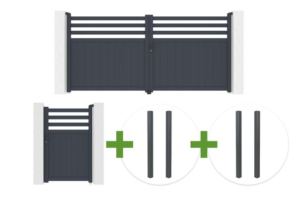 NEVIS 340x160cm grey aluminum swing gate + 4 ELDA posts + NEVIS 1m H.160cm grey aluminum pedestrian gate main image