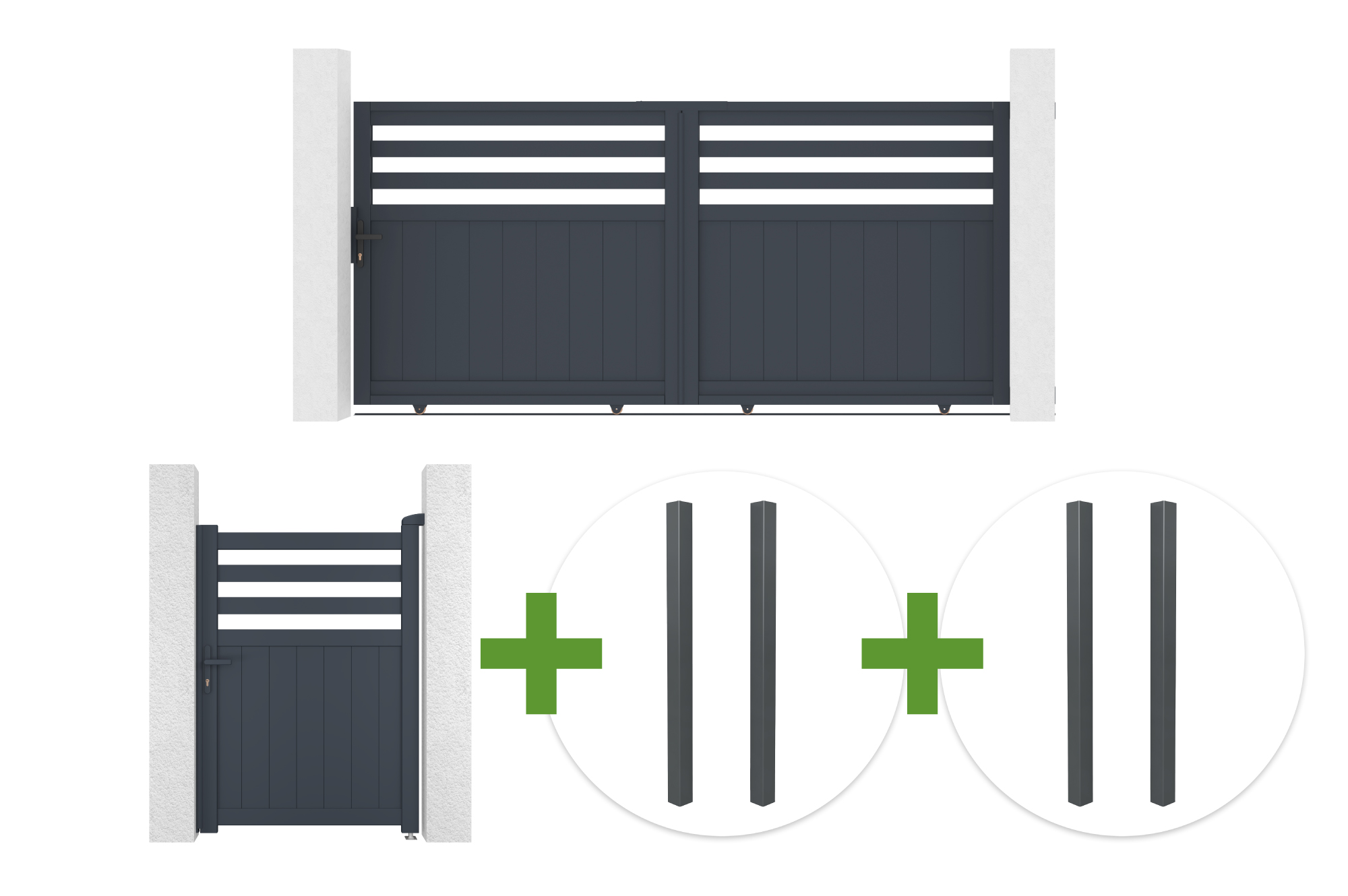 3m NEVIS sliding gate, 140cm high, grey aluminum + 4 ELDA posts + 1m NEVIS pedestrian gate, 140cm high, grey aluminum main_image