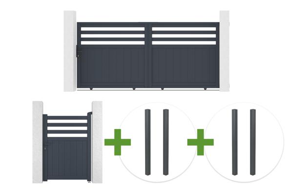 3m NEVIS sliding gate, 140cm high, grey aluminum + 4 ELDA posts + 1m NEVIS pedestrian gate, 140cm high, grey aluminum main image