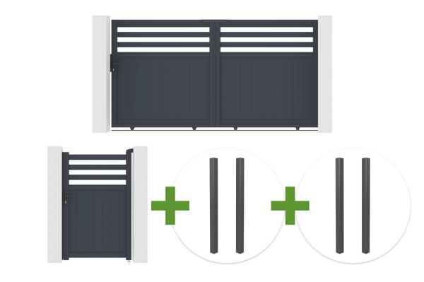 3m NEVIS sliding gate, 160cm high, grey aluminum + 4 ELDA posts + 1m NEVIS pedestrian gate, 160cm high, grey aluminum main image