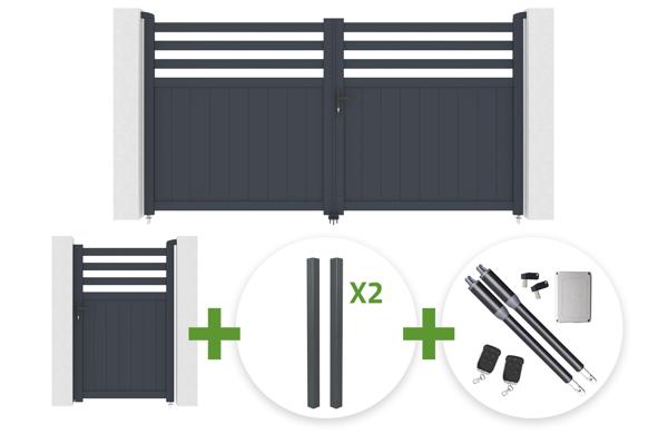 NEVIS 3m H.160cm grey aluminum swing gate + 4 ELDA posts + NEVIS 1m H.160cm grey aluminum pedestrian gate + Ranger B150 motor main image