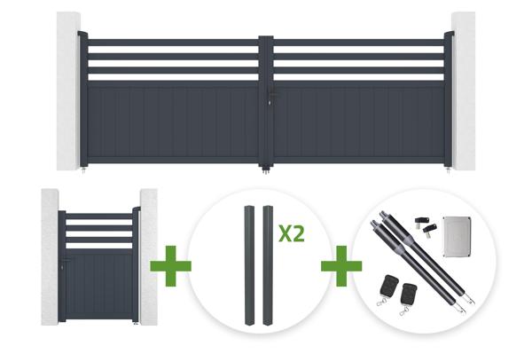 Křídlová brána NEVIS 4m, výška 140 cm, šedá hliníková + 4 sloupky ELDA + pěší brána NEVIS 1m, výška 140 cm, šedá hliníková + motor Ranger B150 main image