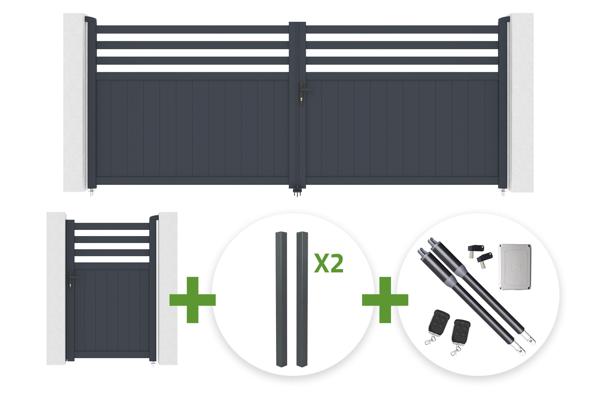 NEVIS 4m H.160cm grey aluminum swing gate + 4 ELDA posts + NEVIS 1m H.160cm grey aluminum pedestrian gate + Ranger B150 motor main image