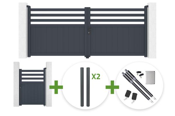NEVIS 340x140cm graues Aluminium-Schwingtor + 4 ELDA-Pfosten + NEVIS 1m hohes graues Aluminium-Fußgängertor + Ranger B150-Motor main image