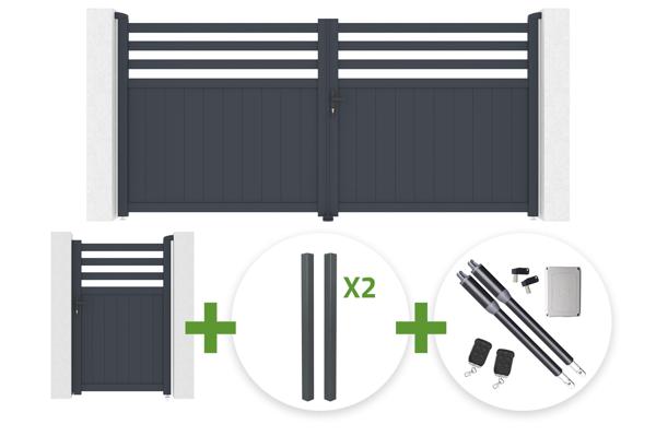 NEVIS 340x160cm grey aluminum swing gate + 4 ELDA posts + NEVIS 1m H.160cm grey aluminum pedestrian gate + Ranger B150 motor main image