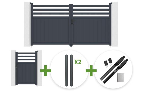 NEVIS 3m H.160cm grey aluminum swing gate + 4 ELDA posts + NEVIS 1m H.160cm grey aluminum pedestrian gate + Hicker B200 motor main image