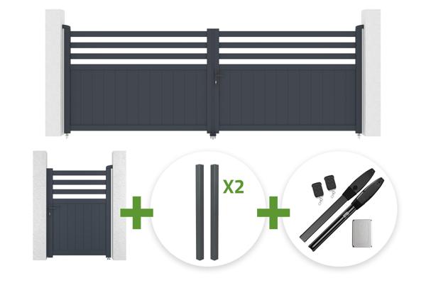 Křídlová brána NEVIS 4m, výška 140 cm, šedá hliníková + 4 sloupky ELDA + pěší brána NEVIS 1m, výška 140 cm, šedá hliníková + motor Hicker B200 main image