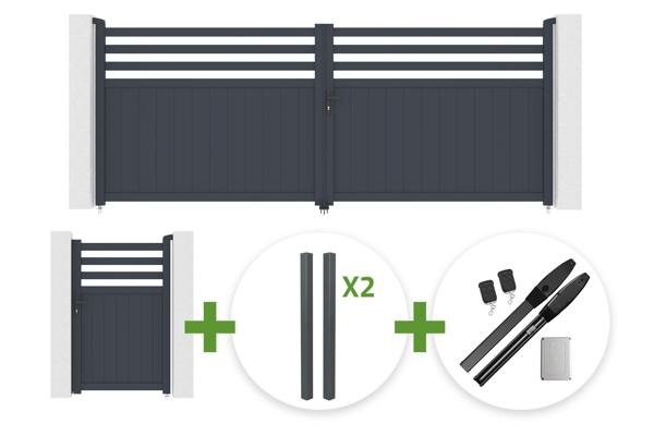 NEVIS 4m H.160cm grey aluminum swing gate + 4 ELDA posts + NEVIS 1m H.160cm grey aluminum pedestrian gate + Hicker B200 motor main image