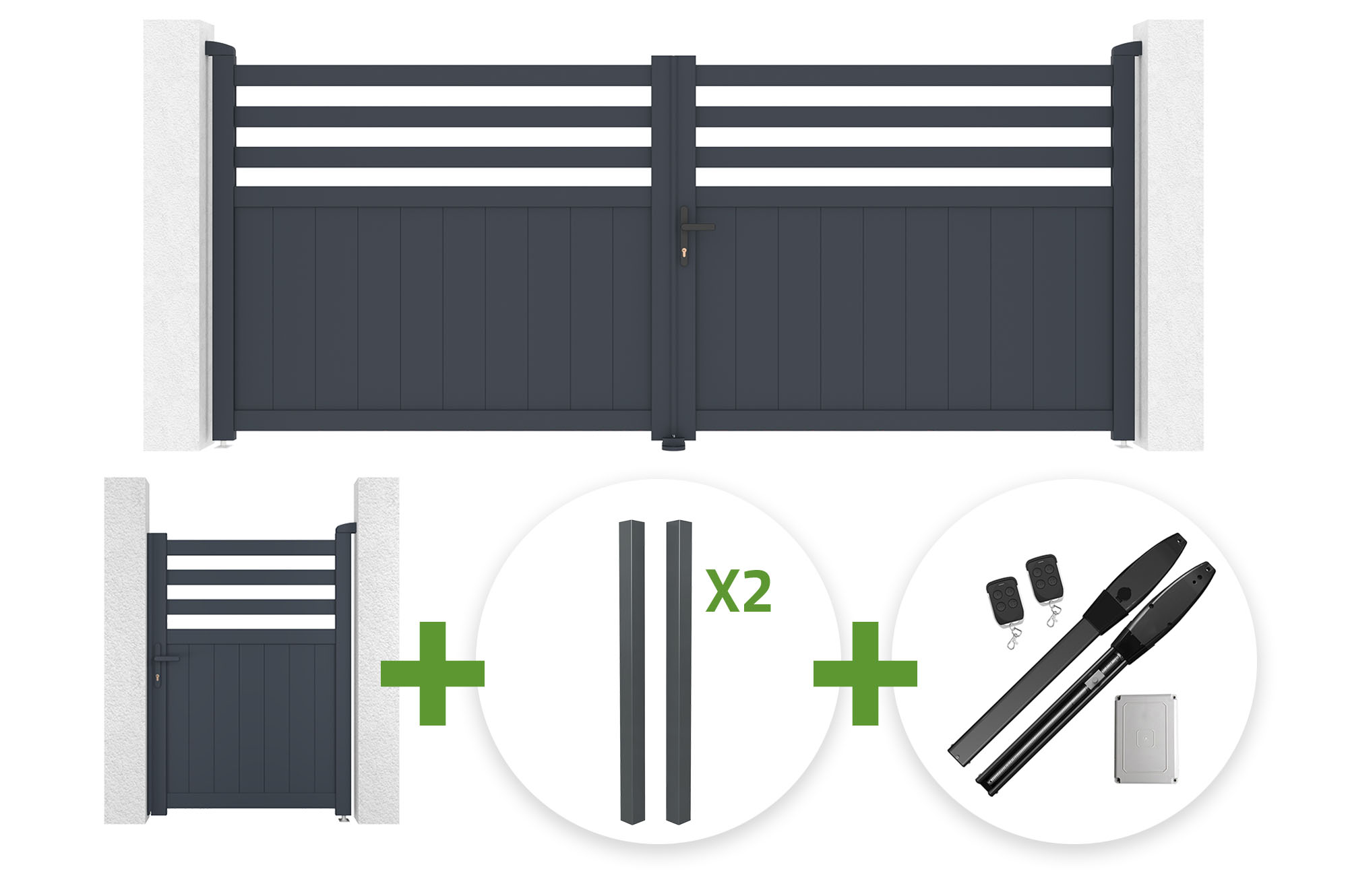 NEVIS 340x140cm grey aluminum swing gate + 4 ELDA posts + NEVIS 1m high grey aluminum pedestrian gate + Hicker B200 motor main_image