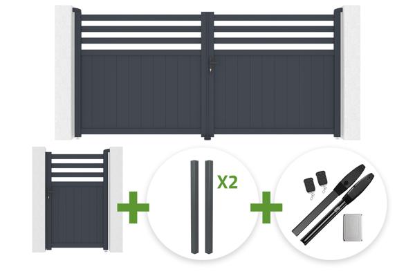 NEVIS 340x160cm grey aluminum swing gate + 4 ELDA posts + NEVIS 1m H.160cm grey aluminum pedestrian gate + Hicker B200 motor main image