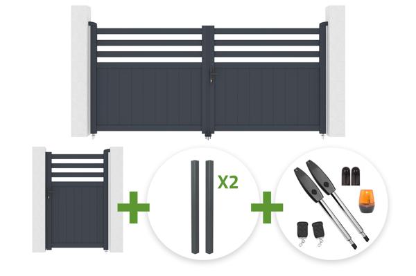 NEVIS 3m H.160cm grey aluminum swing gate + 4 ELDA posts + NEVIS 1m H.160cm grey aluminum pedestrian gate + Tanker B250 motor main image