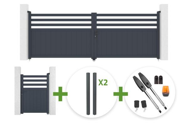 Křídlová brána NEVIS 4m, výška 140 cm, šedá hliníková + 4 sloupky ELDA + pěší brána NEVIS 1m, výška 140 cm, šedá hliníková + motor Tanker B250 main image