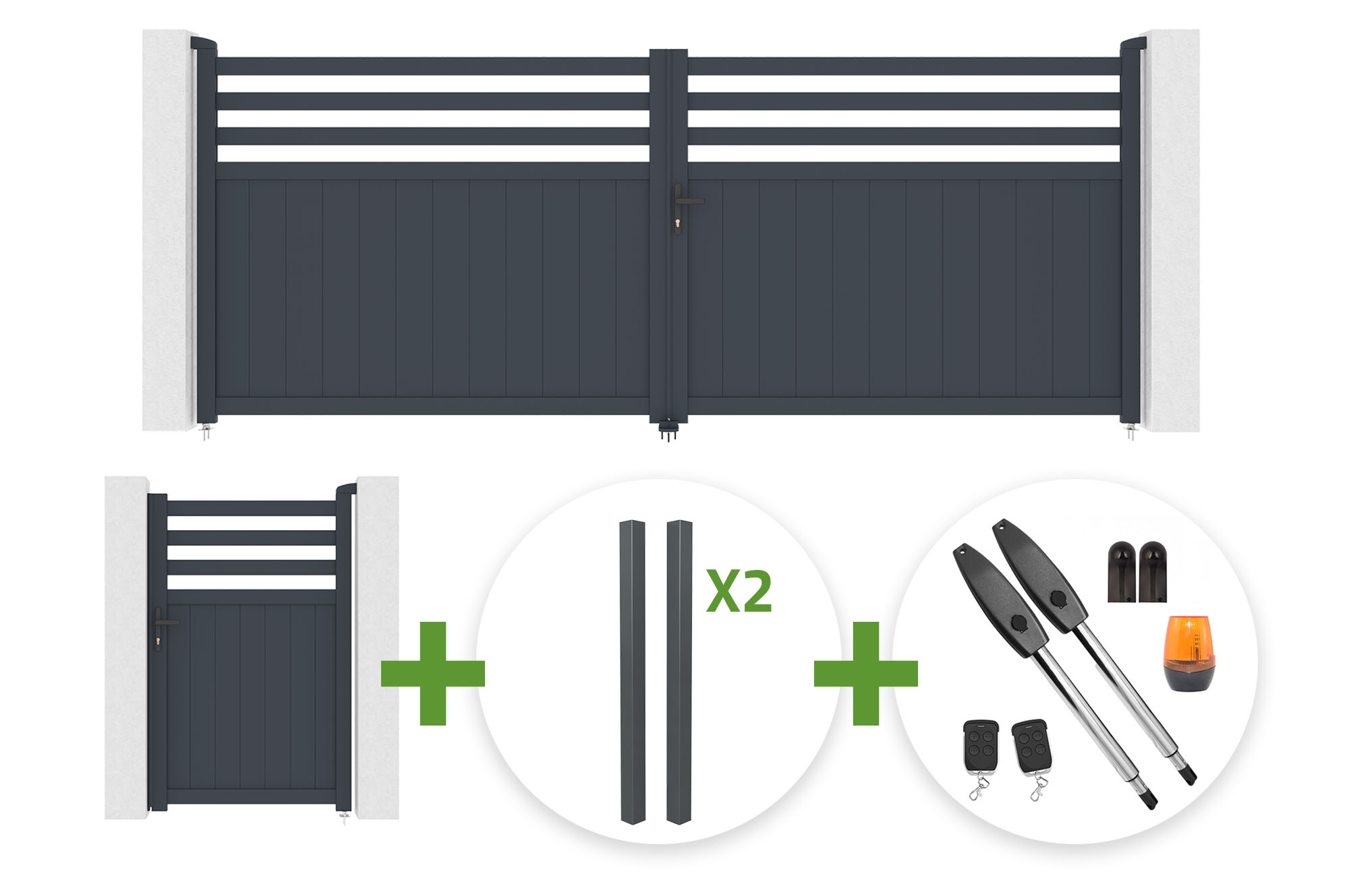 NEVIS 4m H.160cm grey aluminum swing gate + 4 ELDA posts + NEVIS 1m H.160cm grey aluminum pedestrian gate + Tanker B250 motor main_image