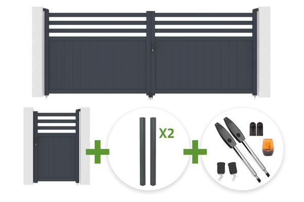 NEVIS 4m H.160cm grey aluminum swing gate + 4 ELDA posts + NEVIS 1m H.160cm grey aluminum pedestrian gate + Tanker B250 motor main image