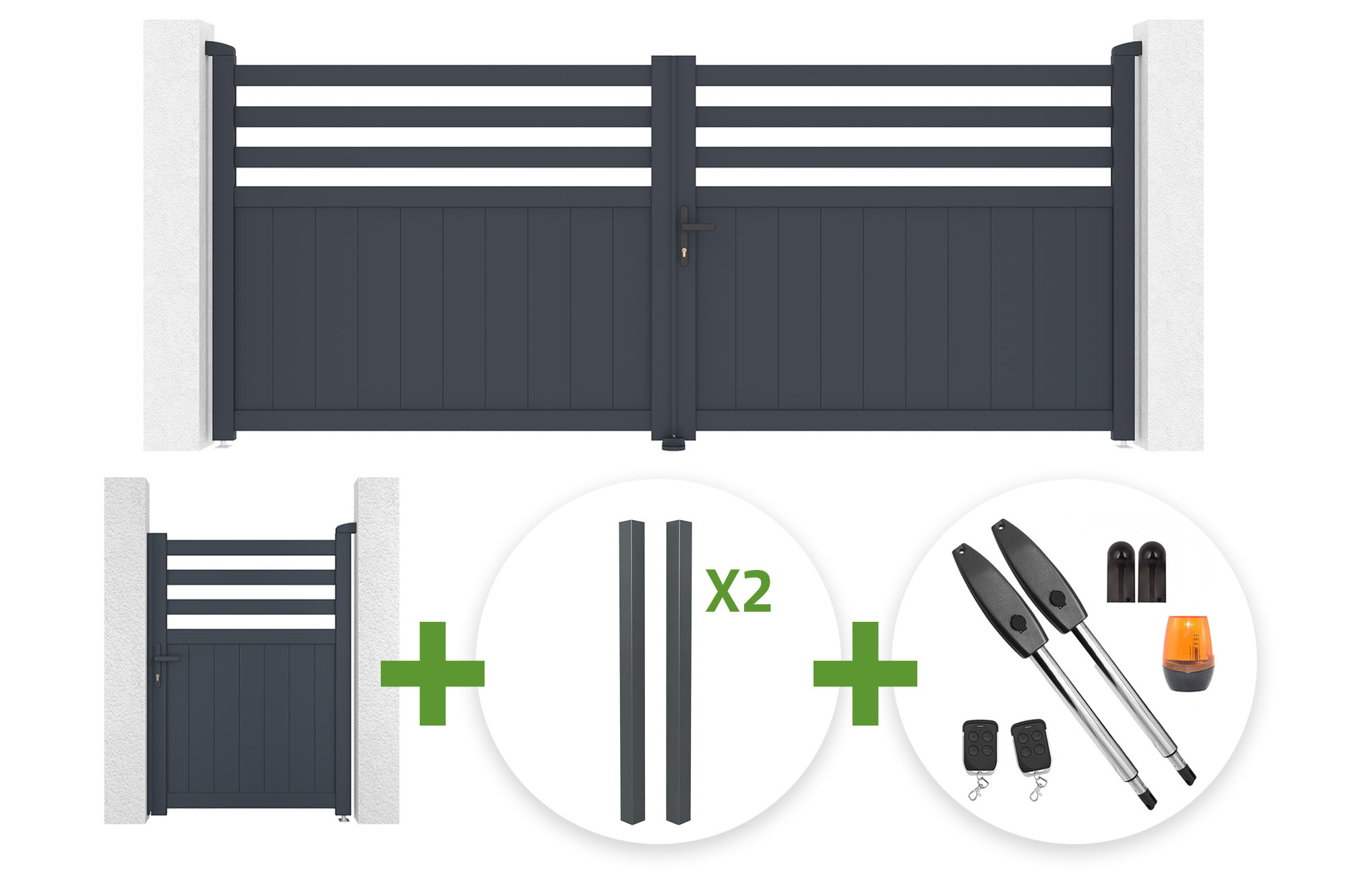 NEVIS 340x140cm grey aluminum swing gate + 4 ELDA posts + NEVIS 1m high grey aluminum pedestrian gate + Tanker B250 motor main_image