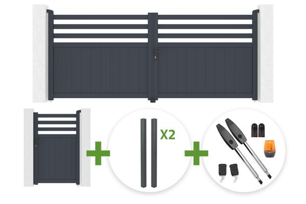 NEVIS 340x160cm grey aluminum swing gate + 4 ELDA posts + NEVIS 1m high grey aluminum pedestrian gate + Tanker B250 motor main image