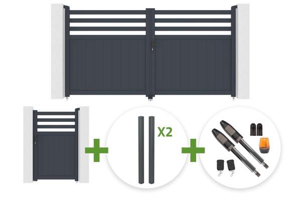 NEVIS 3m H.160cm grey aluminum swing gate + 4 ELDA posts + NEVIS 1m H.160cm grey aluminum pedestrian gate + Tanker B700 motor main image