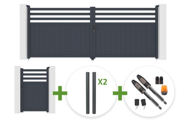 NEVIS 4m H.160cm grey aluminum swing gate + 4 ELDA posts + NEVIS 1m H.160cm grey aluminum pedestrian gate + Tanker B700 motor main image