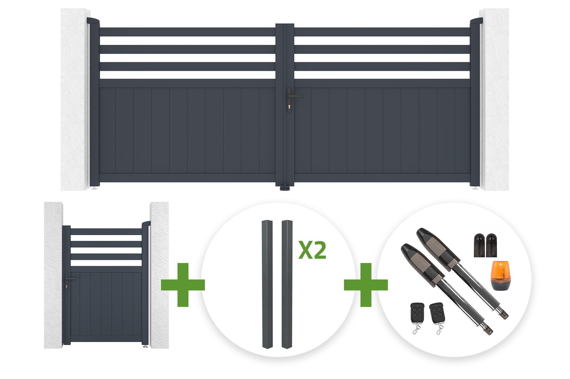 NEVIS 340x140cm grey aluminum swing gate + 4 ELDA posts + NEVIS 1m high grey aluminum pedestrian gate + Tanker B700 motor main_image