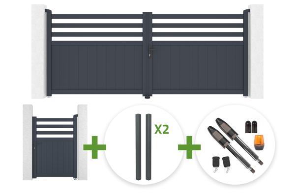NEVIS 340x140cm graues Aluminium-Schwingtor + 4 ELDA-Pfosten + NEVIS 1m hohes graues Aluminium-Fußgängertor + Tanker B700-Motor main image
