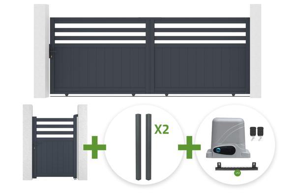 3.7m NEVIS sliding gate, 140cm high, grey aluminum + 4 ELDA posts + 1m NEVIS pedestrian gate, 140cm high, grey aluminum + Ranger C300 motor main image