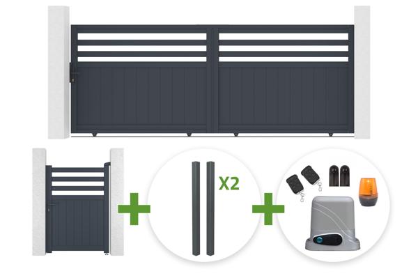 3.7m NEVIS sliding gate, 140cm high, grey aluminum + 4 ELDA posts + 1m NEVIS pedestrian gate, 140cm high, grey aluminum + Tanker C600 motor main image