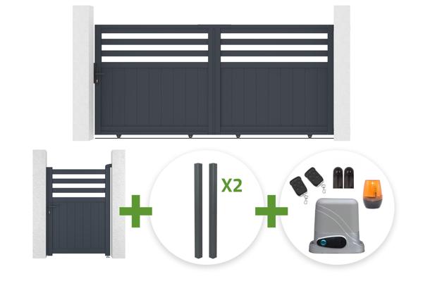 3m NEVIS sliding gate, 140cm high, grey aluminum + 4 ELDA posts + 1m NEVIS pedestrian gate, 140cm high, grey aluminum + Tanker C600 motor main image