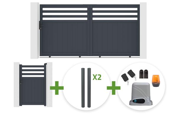 3m NEVIS sliding gate, 160cm high, grey aluminum + 4 ELDA posts + 1m NEVIS pedestrian gate, 160cm high, grey aluminum + Tanker C600 motor main image