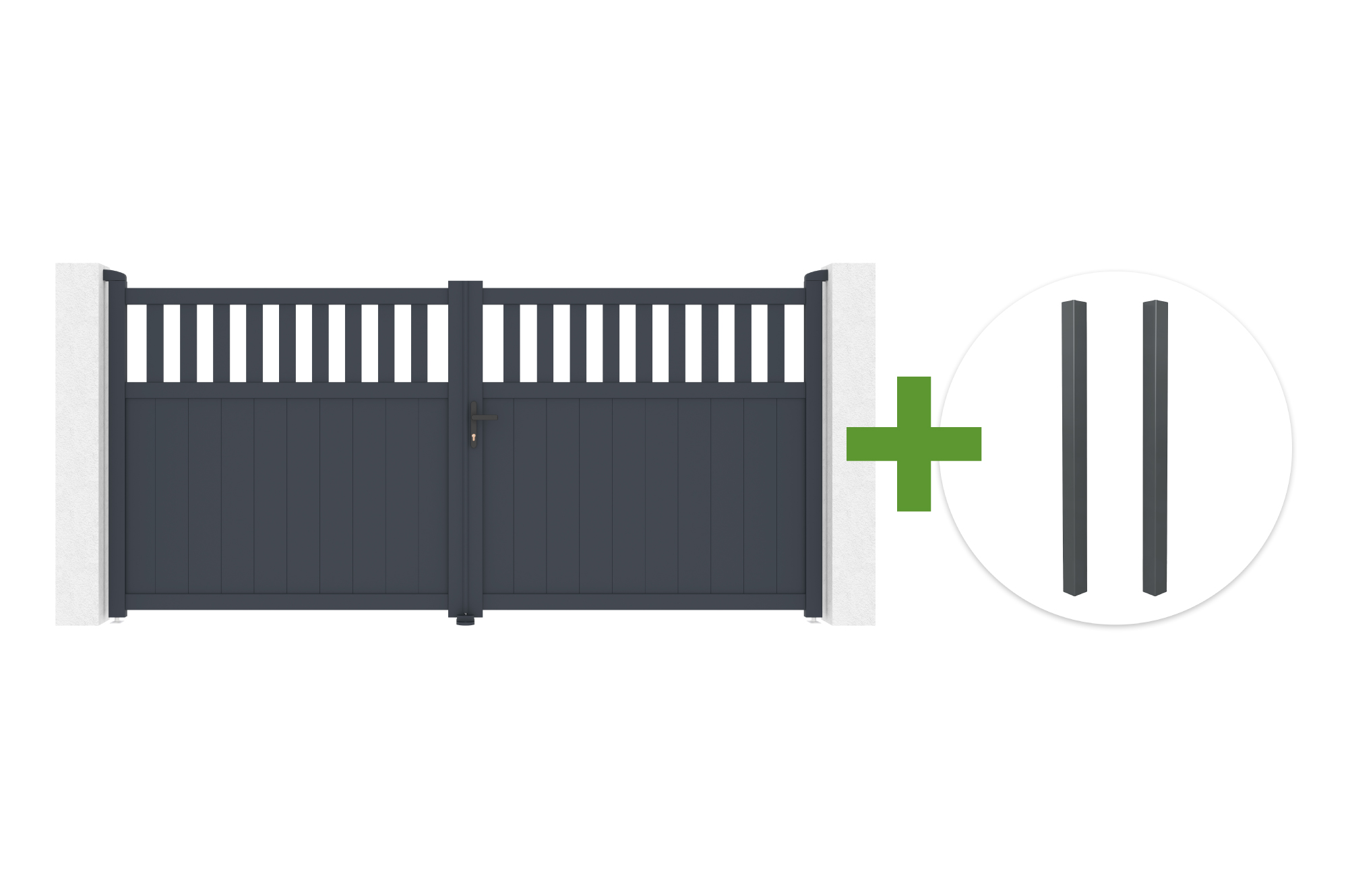 SANTIS 340x160cm grey aluminum swing gate + 2 ELDA grey aluminum posts 15x15cm main_image