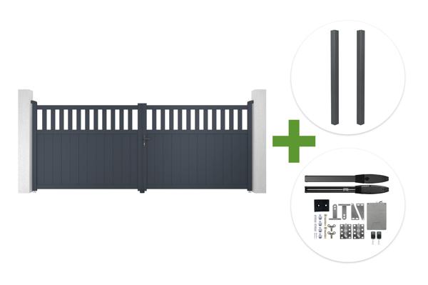 4m SANTIS swing gate, 140cm high, grey aluminum + 2 ELDA grey aluminum posts 15x15cm + Hicker B200 motor main image