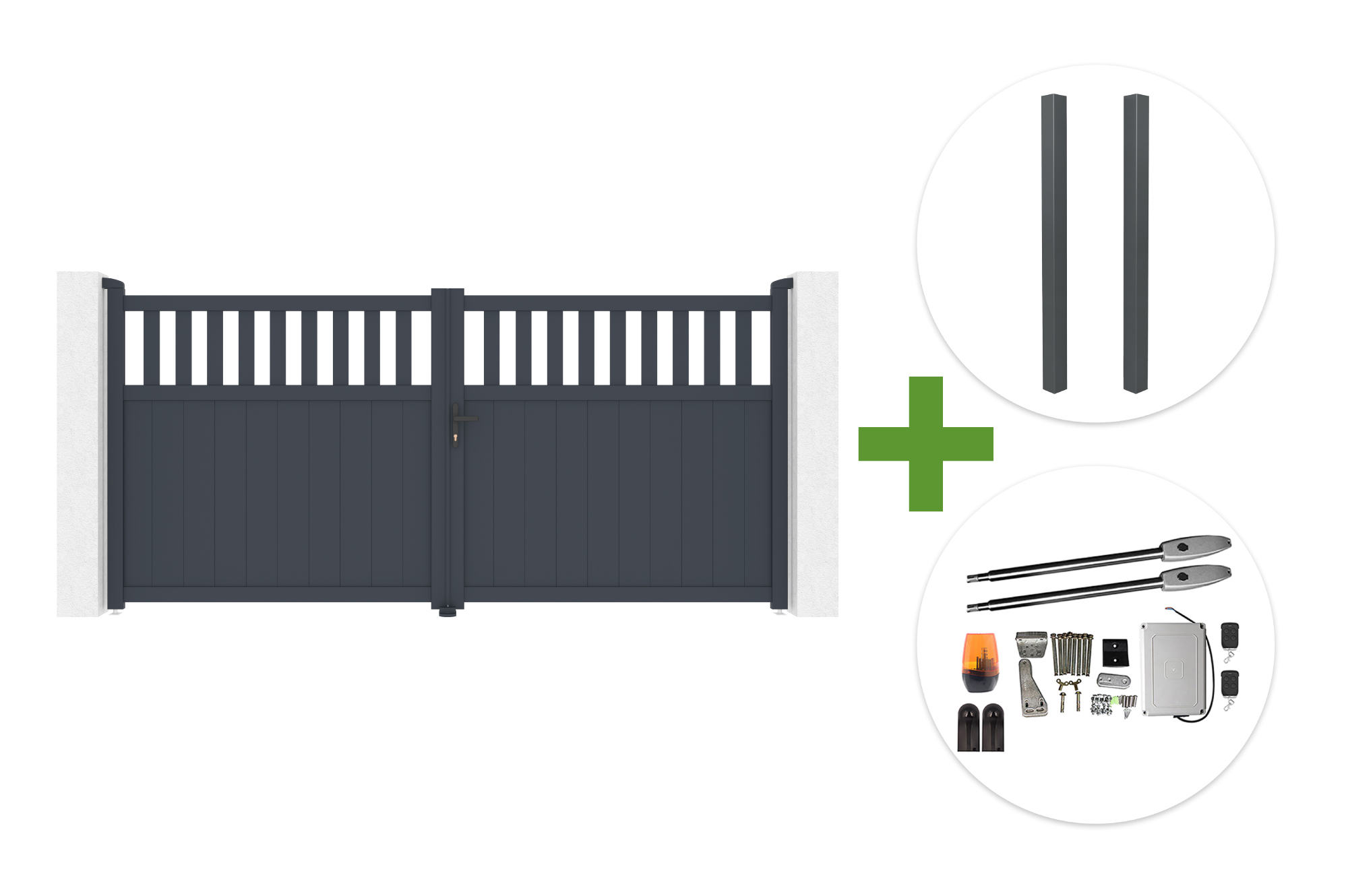 SANTIS 340x160cm grey aluminum swing gate + 2 ELDA grey aluminum posts 15x15cm + Tanker B250 motor main_image