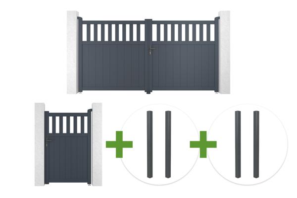 3m SANTIS swing gate, 160cm high, grey aluminum + 4 ELDA posts + 1m SANTIS pedestrian gate, 160cm high, grey aluminum main image